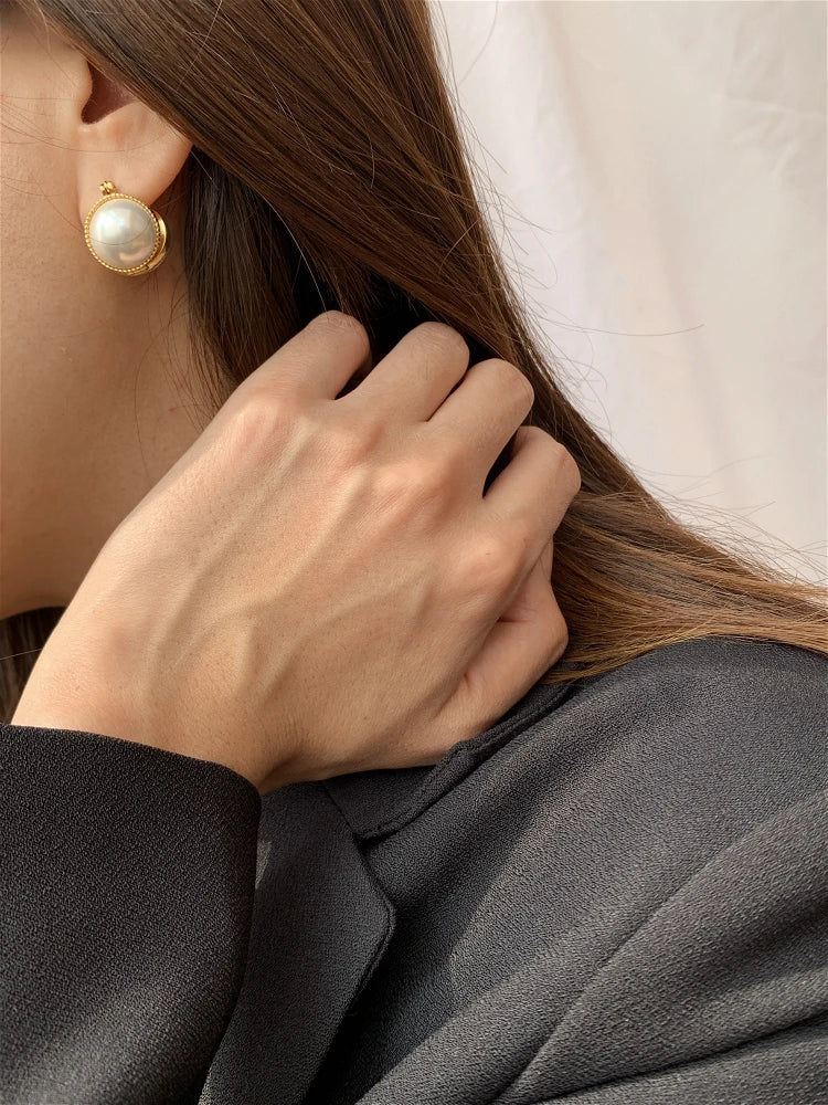 Brass With 18k Gold Double Glass Pearl Earrings Women Jewelry Party T Show Gown Runway rare Korean Japan Trendy INS