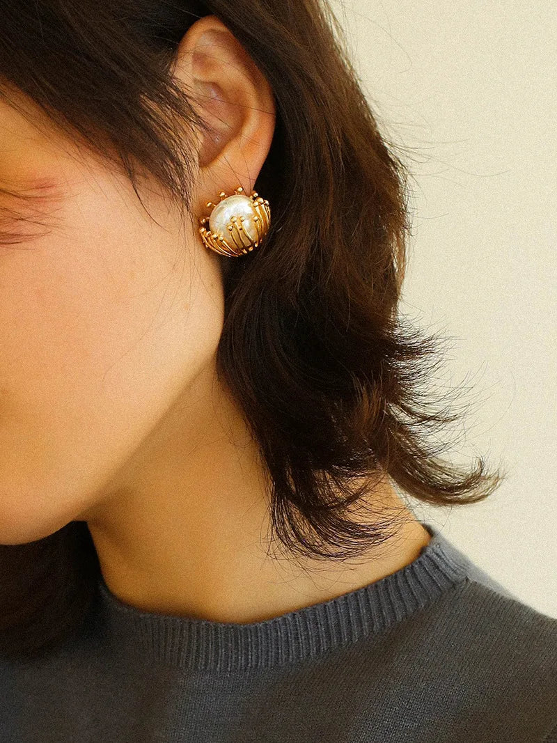 Brass With 18K Retro Faux Pearl Ball Earrings Women Jewelry Punk Party T Show Gown Runway Trendy  Korean Japan Israel  Style INS