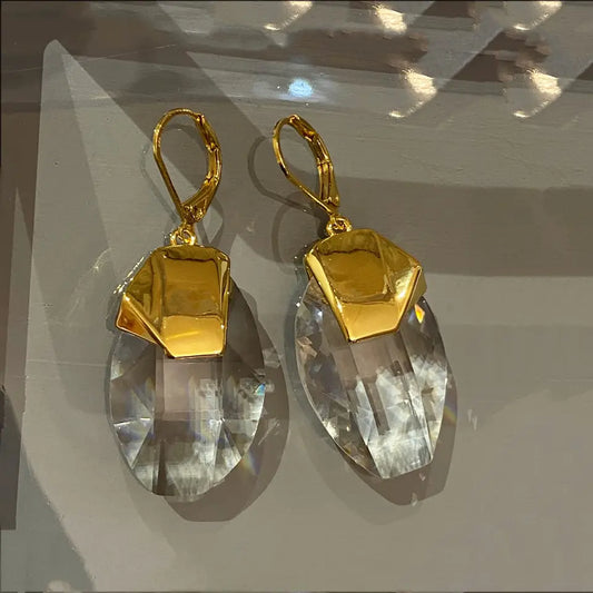 Brass With 18k Gold  Statement  Crystal Drop Earrings Women Jewelry Party Boho T Show Gown Runway Rare Korean Japan Trendy INS