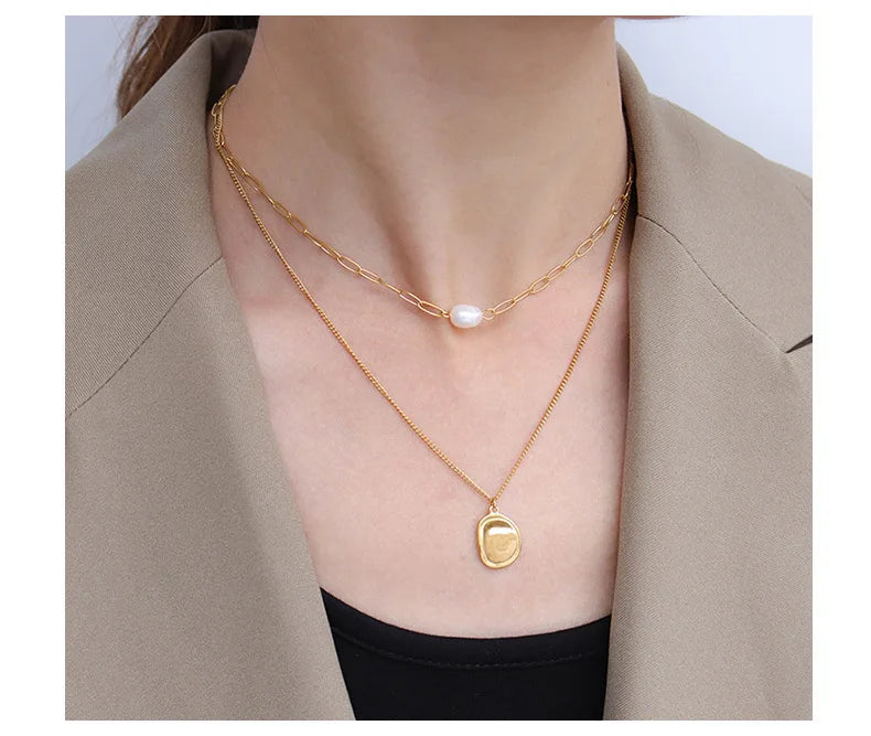 Titanium With 18 K Gold Layered Chain Geo Real Pearl  Necklaces Women Jewelry Punk Designer Club Cocktail Party Japan