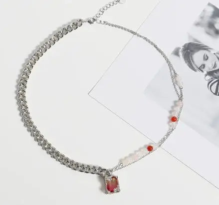 Brass AAA Zircon Red Natural Stone Necklace Women Jewelry Punk Designer Runway Rare Simply Gown Boho Japan Korean