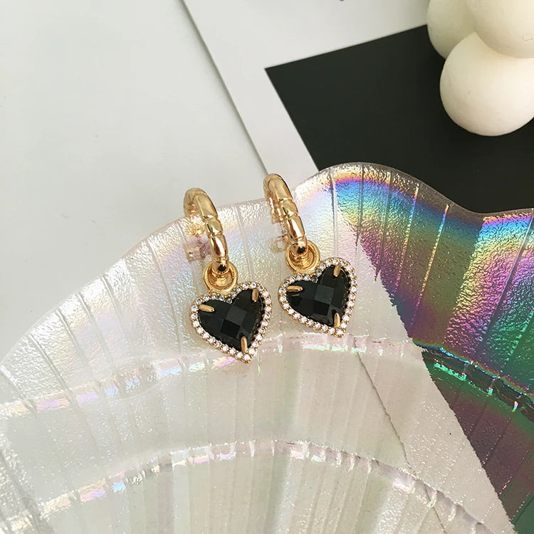 Brass With 18K Gold Black Stone Heart Dropping Earrings Women Jewelry Punk Party Gown Runway Rare  Korean Japan Boho Hiphop