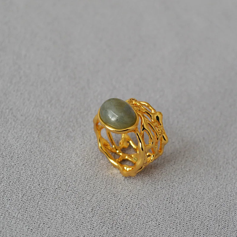 Brass With 18K Natural Stone Stackable Ring Women Jewelry Punk Style Designer Club Cocktail Party Gown Trendy Boho Korean Japan