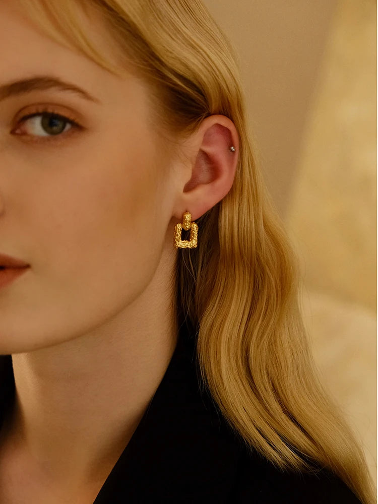 Brass With 18K Gold Lava Square Shape Drop Earrings  Women Jewelry Punk Party Gown Runway Rare South  Korean Japan Boho