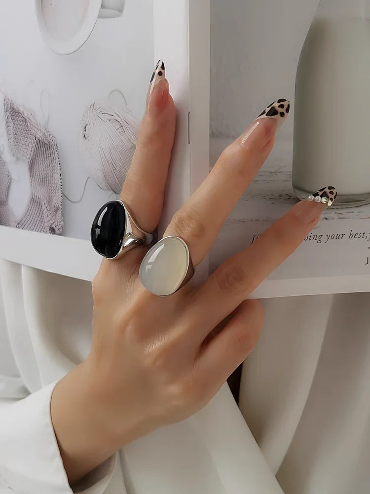 Brass Natural Stone Egg Charm Solid Rings Women  Jewelry Punk Designer Club Cocktail  Party Boho Japan Korean