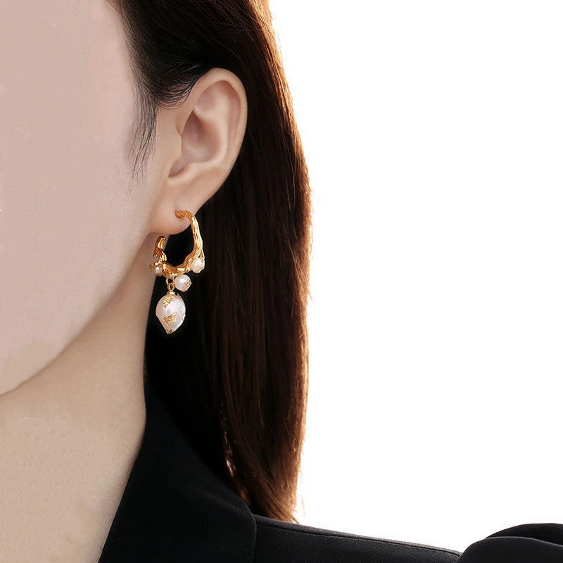 Brass With 18k Gold Real Baroque Pearl Hoop Earrings Women Jewelry Party Boho T Show Gown Runway  Party Rare Korean Japan Trendy