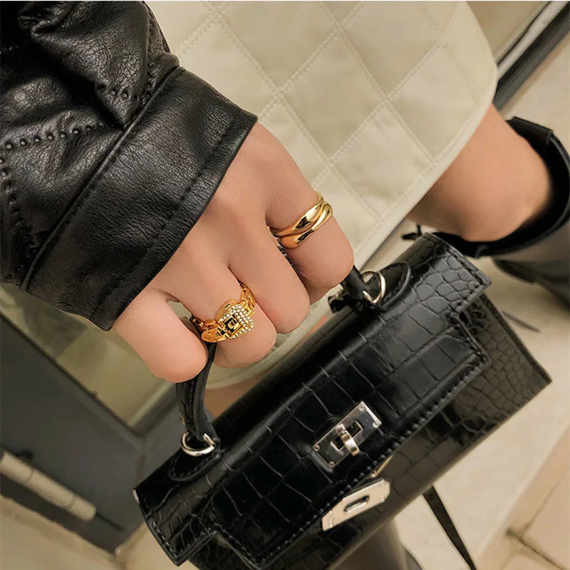 Brass Zirconia Buckle Up Stackable Rings  Women  Jewelry Punk Designer Runway T show Club Cocktail Party Boho Japan Korean Ins