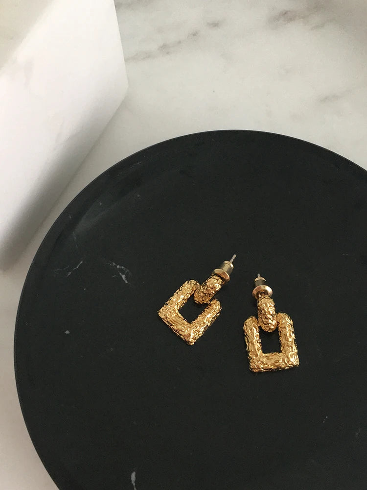 Brass With 18K Gold Lava Square Shape Drop Earrings  Women Jewelry Punk Party Gown Runway Rare South  Korean Japan Boho