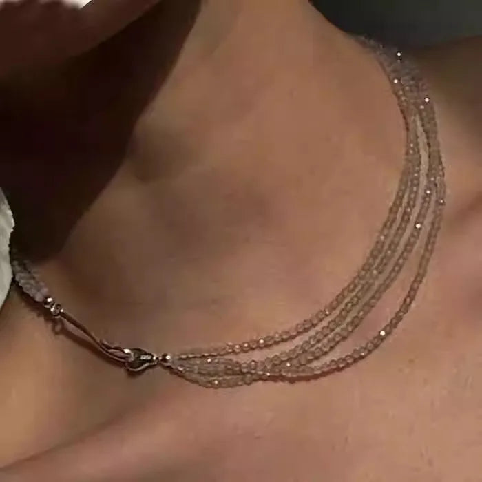 Brass Plated White Gold Layered Glass Beads Necklace Women Jewelry Punk Designer Runway Rare Gown Boho Japan Korean