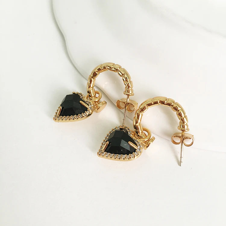 Brass With 18K Gold Black Stone Heart Dropping Earrings Women Jewelry Punk Party Gown Runway Rare  Korean Japan Boho Hiphop