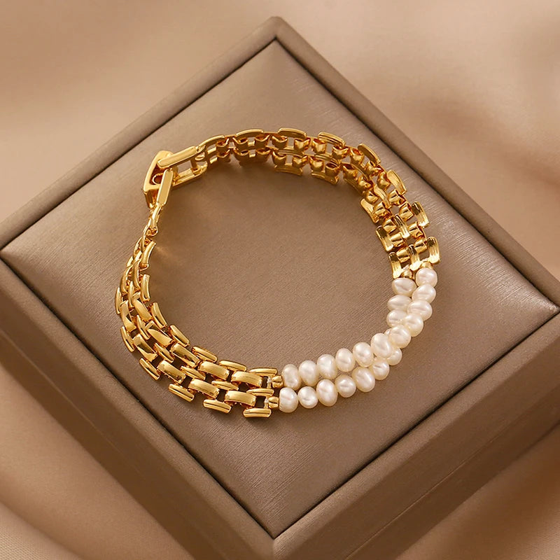 Brass With 18K Real Layered Baroque Pearl Watch Band Bracelet  Women Jewelry Punk Party T Show  Gown Runway  Korean Japan  Style