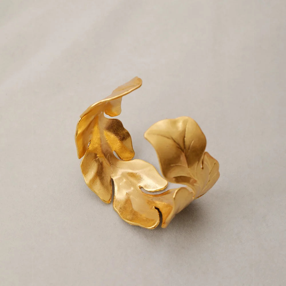 Brass With 18K Gold Statement Wide Leaves  Bangle Women Jewelry Designer T Show Runway Gown Rare INS Japan Korean Trendy