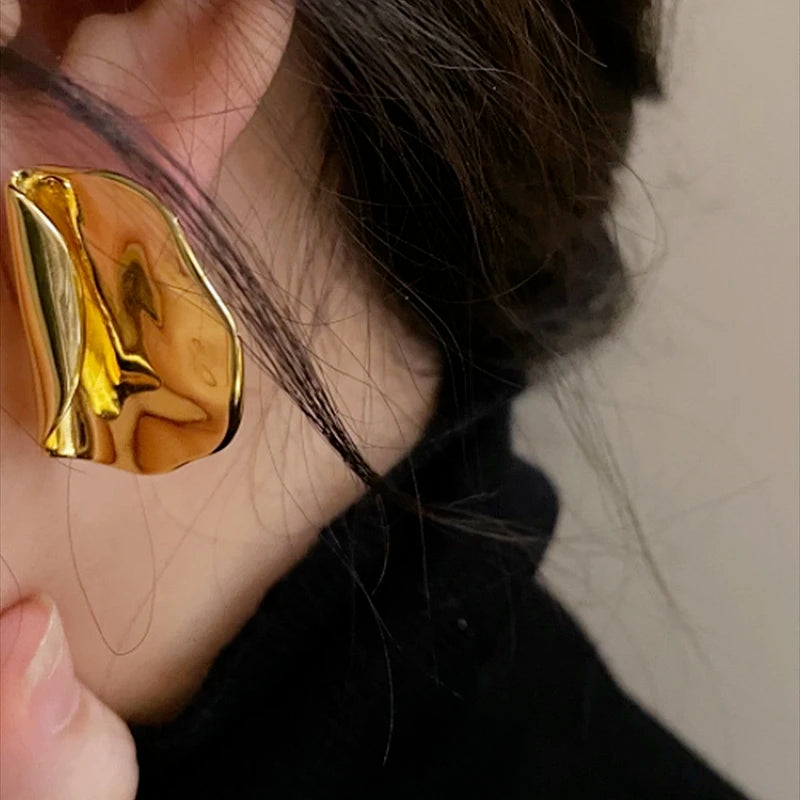 Brass With 18k Gold Fold Statement Stud  Earrings Women Jewelry Party Boho T Show Gown Runway  Party Rare Korean Japan Trendy