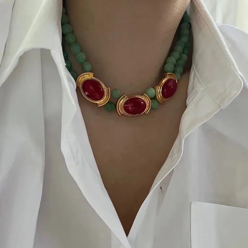 Brass Vintage Natural Green Jade Beads Chain Necklace Women Jewelry Punk Designer Runway Gown Boho Japan Korean