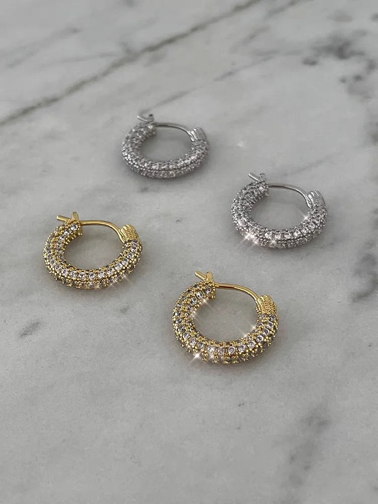 Brass With 18K Rhinestoned Geo Small Hoop Earrings Women Jewelry Punk Party T Show Gown Runway Korean Japan INS