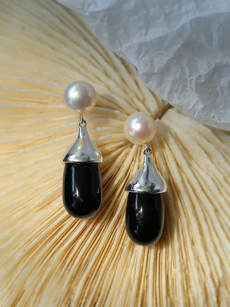 Brass Natural Pearl Black Jade Drop Earrings Women Jewelry Punk Party T Show Gown Runway Korean Japan INS