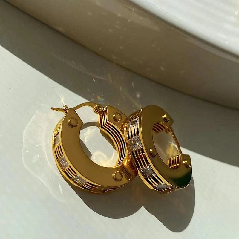 Brass With 18k Gold AAA Zircon Hoop  Earrings Women Jewelry Party Boho T Show Gown Runway Rare Korean Japan Stuning