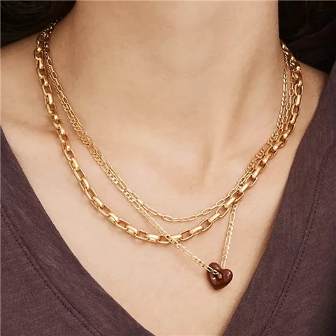Brass Plated 18K Gold Geo Chained Heart Necklaces Women  Jewelry Punk Party T Show Designer Club Ins Rare Japan Korean Trendy