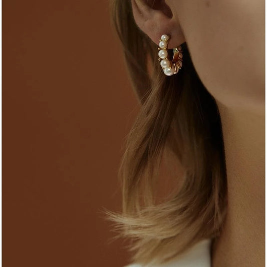 Brass With 18K Gold  Faux Pearl Hoop Earrings Women Jewelry Party T Show Gown Punk Gothic Top Runway Korean Japan