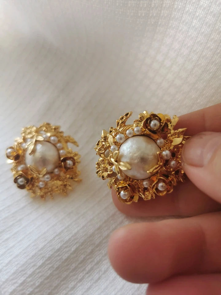 Brass With 18K Gold Retro Multi Pearl Flower Stud Earrings Women Jewelry Punk Party T Show Gown Runway Korean Japan INS