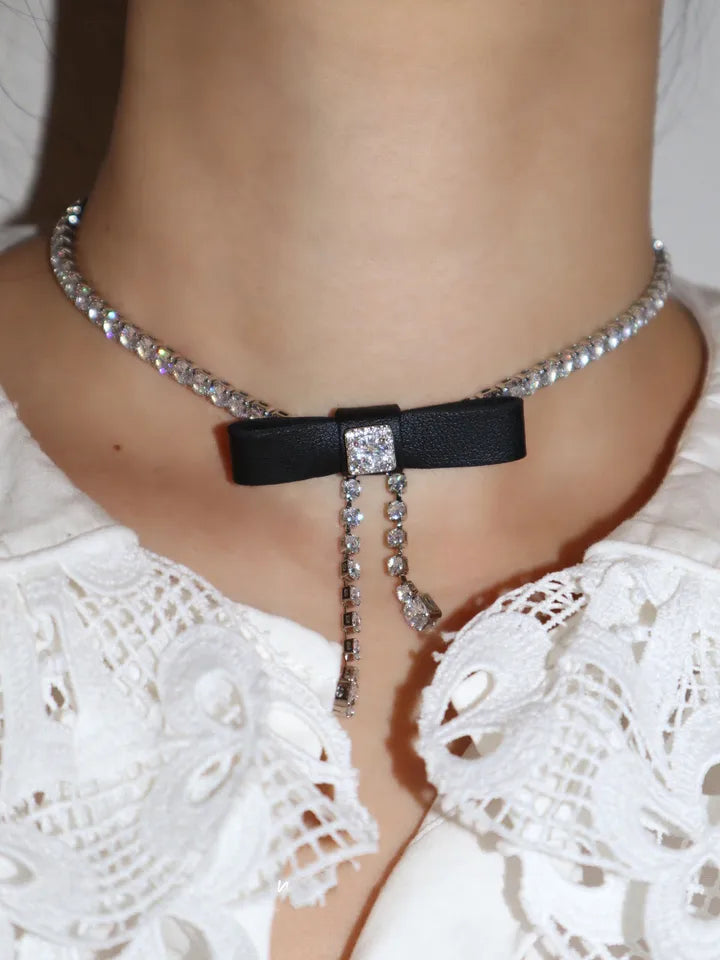 Brass AAA Zircon Leather Knot Necklace Earrings  Women Jewelry Punk Designer Runway Gown Boho Japan Korean