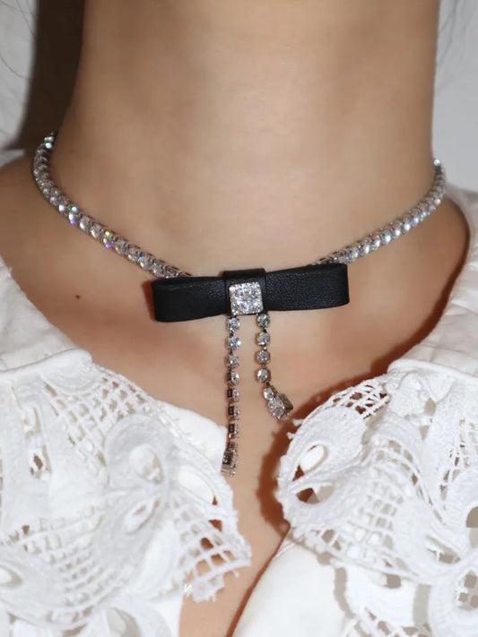 Brass AAA Zircon Leather Knot Necklace Earrings  Women Jewelry Punk Designer Runway Gown Boho Japan Korean