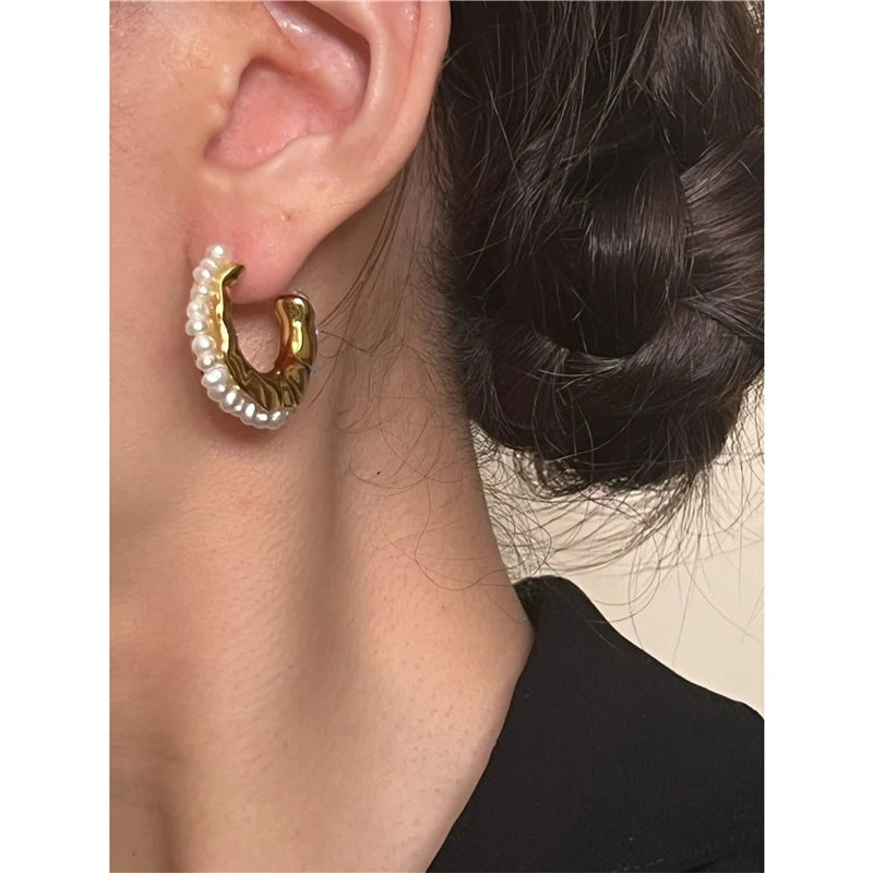 Brass With 18K Gold CC Real Natural Pearl Earrings Women Jewelry Party Boho T Show Gown Runway Party Rare Korean Japan Trendy
