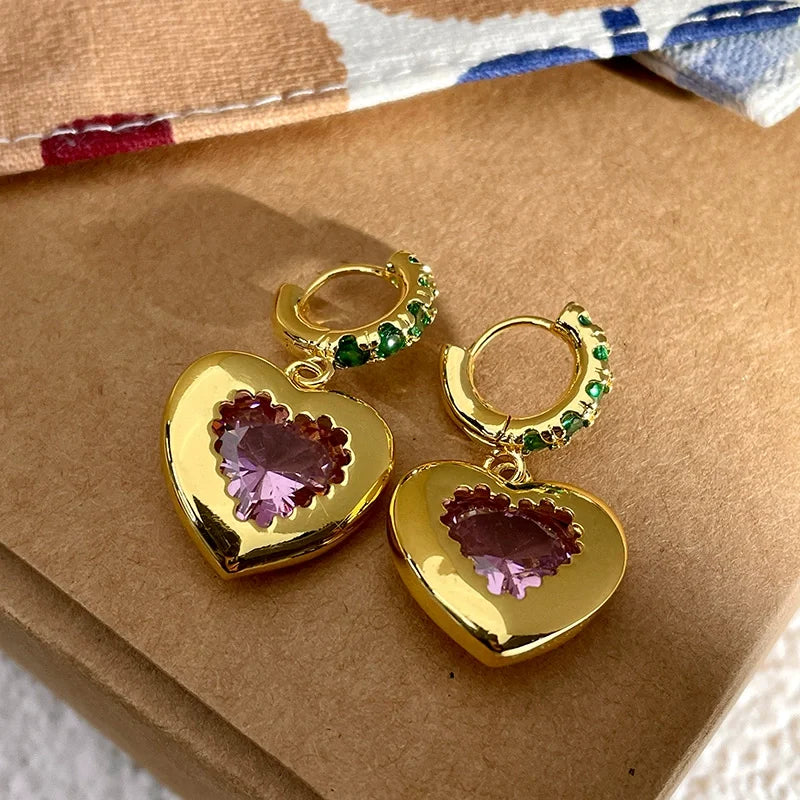 Brass Green Stone Pink Heart Earrings Women Jewelry Punk Party T Show Gown Runway Korean Japan INS