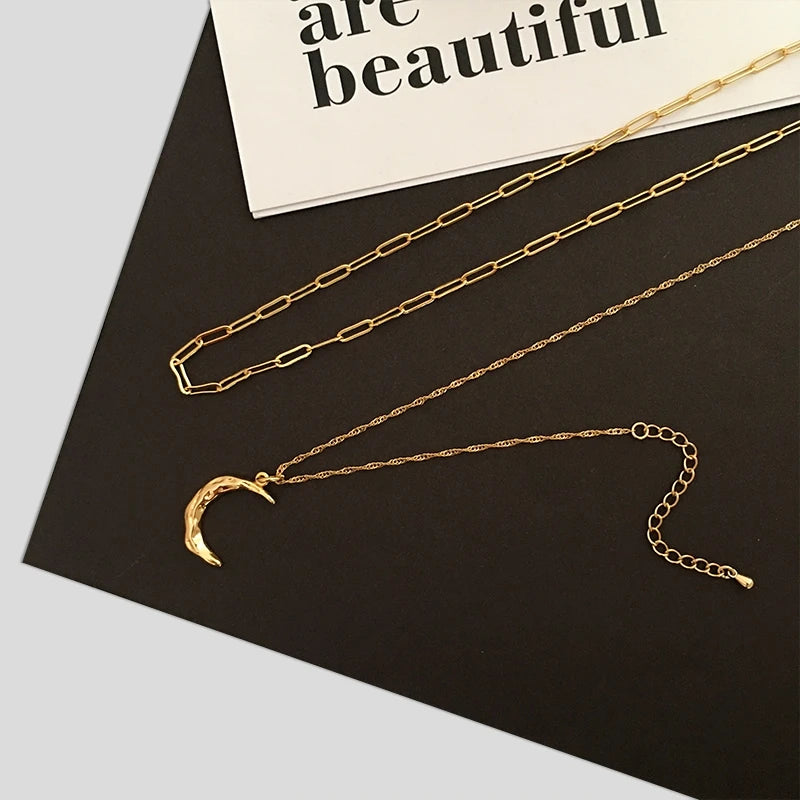 Brass With 18K Real Gold Layered Chain Moon Necklace Women Jewelry Party Designer T Show Runway INS
