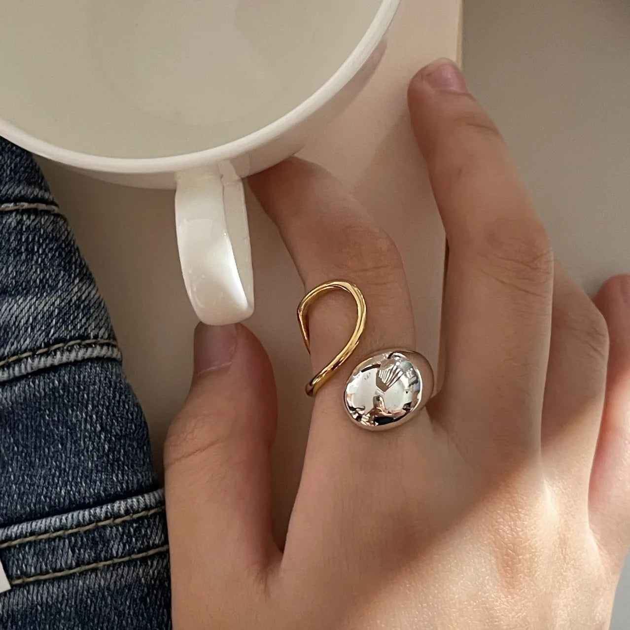 Brass With 18K 2 Tone Solid Rings Women Jewelry Punk Style Designer Club Cocktail Party Gown Amazing Trendy Boho Korean Japan
