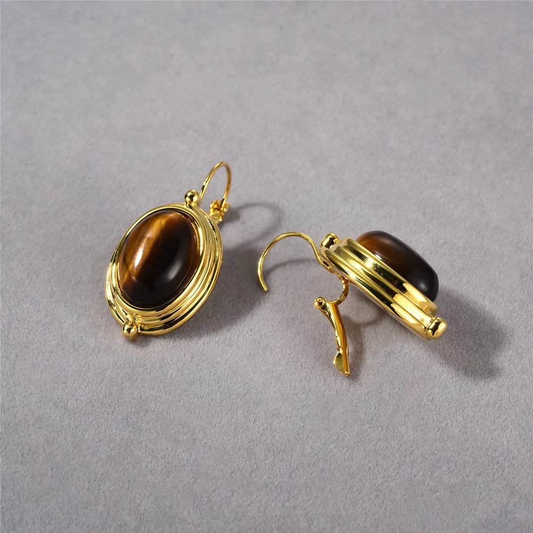 Brass With 18K Natural Tiger Eye Stone  Earrings Punk Party Gown Runway Boucle d'oreille Korean Japan Style Fashion