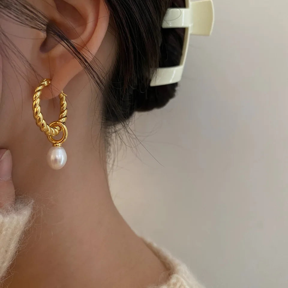Brass Vintage Real Natural Pearl Twist  Hoop Earrings Women Jewelry Party Boho T Show Gown Runway Rare Korean Japan Trendy