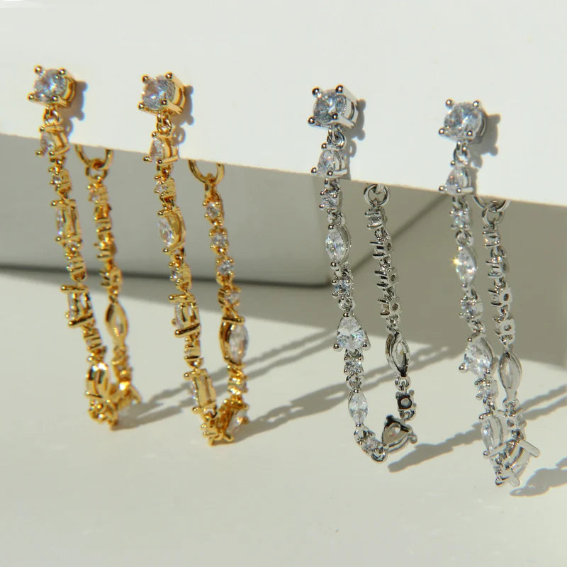 Brass With 18k Gold Zirconia Tassel Chained Drop Earrings Women Jewelry  Party T Show Gown Runway rare Korean Japan Trendy INS