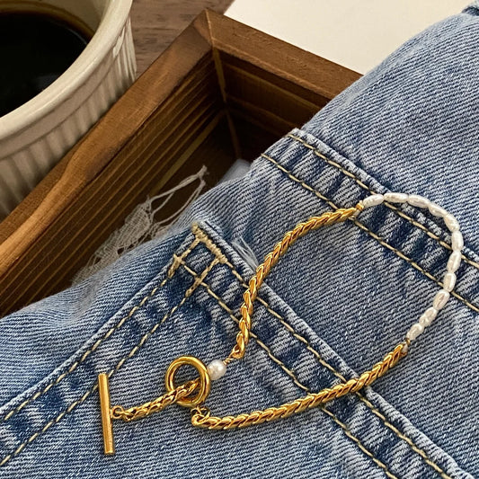 Brass With 18K Real Pearl OT Chain  Bracelet Women Jewelry Chic Gown Party T Show Sweet Boho Trendy OL Simply INS Japan Korean