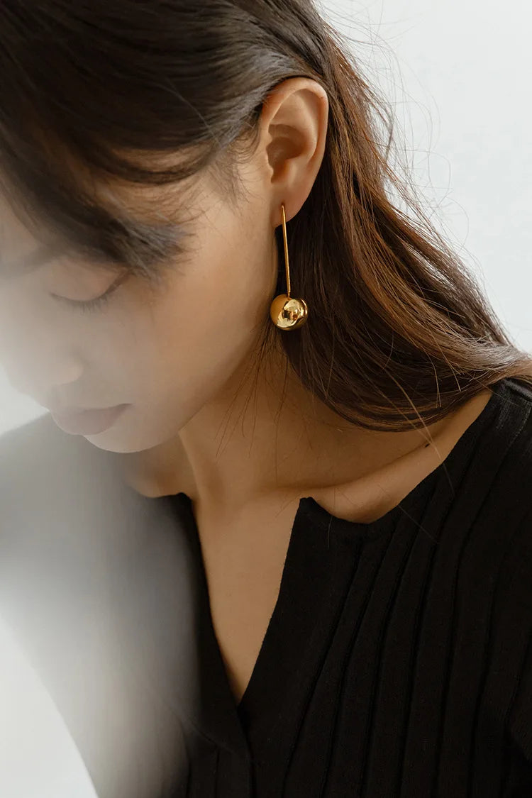 Brass With 18K Gold Long Ball Drop Earrings  Women  Jewelry Punk Party Gown  Runway Korean Japan INS Fashion