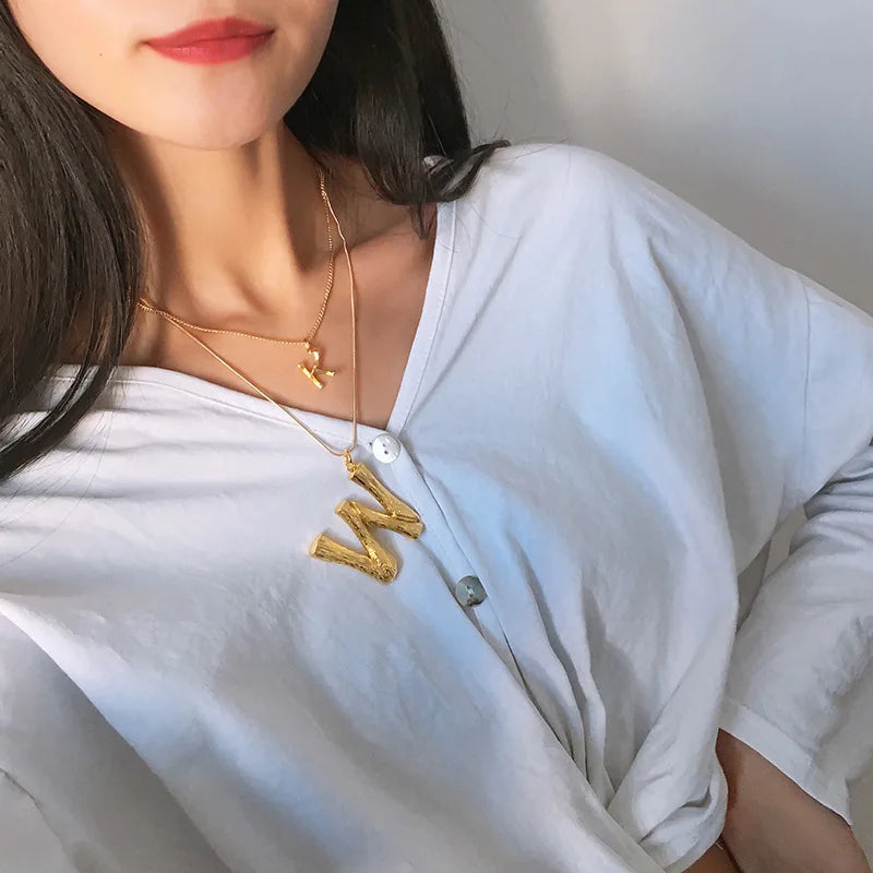 Brass With 18K Gold Big Pendant 26 Letter Necklace Women Jewelry Designer T Show Party Runway Boho Japan Korea