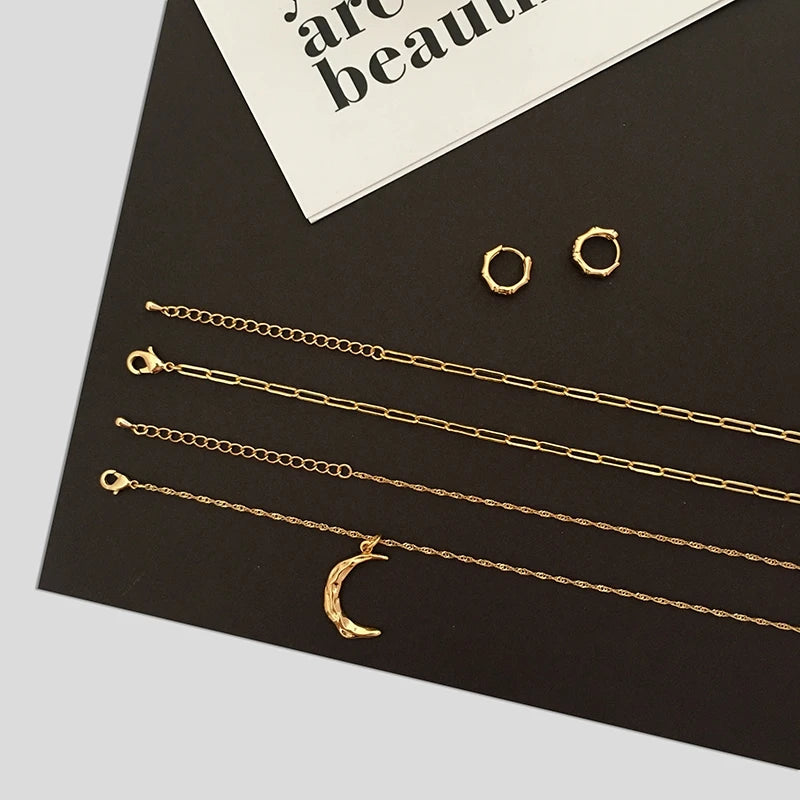 Brass With 18K Real Gold Layered Chain Moon Necklace Women Jewelry Party Designer T Show Runway INS