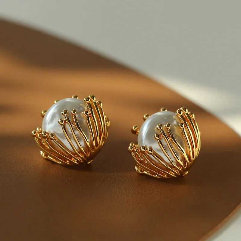 Brass With 18K Retro Faux Pearl Ball Earrings Women Jewelry Punk Party T Show Gown Runway Trendy  Korean Japan Israel  Style INS