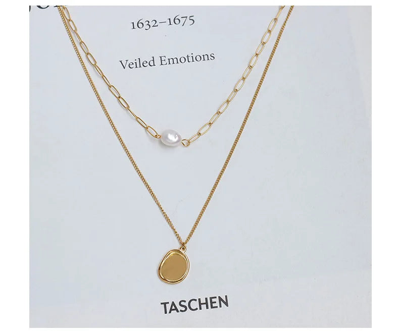 Titanium With 18 K Gold Layered Chain Geo Real Pearl  Necklaces Women Jewelry Punk Designer Club Cocktail Party Japan