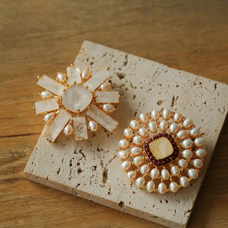 Brass With 18K Natural Crystal Freshwater Pearl Brooches Women Jewelry Punk Party T Show Gown Runway Trendy  Korean Japan Israel