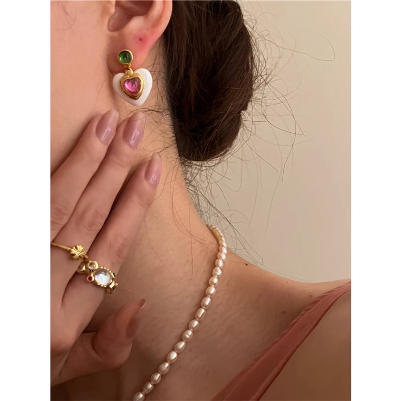 Brass Clorful Heart Drop Earrings Women Jewelry Punk Party Gown Runway rare Boucle d'oreille Korean Japan  Style Fashion