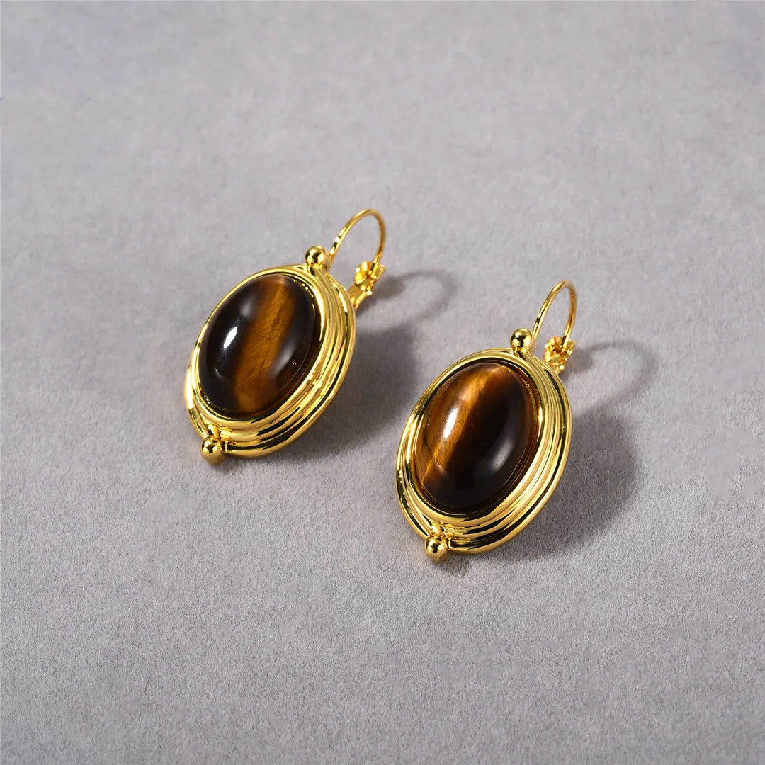 Brass With 18K Natural Tiger Eye Stone  Earrings Punk Party Gown Runway Boucle d'oreille Korean Japan Style Fashion