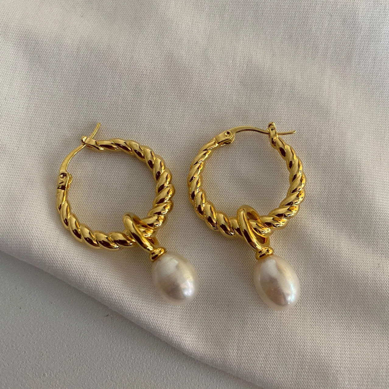 Brass Vintage Real Natural Pearl Twist  Hoop Earrings Women Jewelry Party Boho T Show Gown Runway Rare Korean Japan Trendy