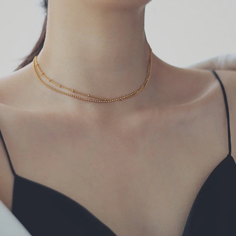 Titanium With 18K Layered Beads Chian Necklace Women 361 L Stainless Steel Jewelry Runway Party Japan Souch Korea Fashion