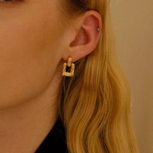Brass With 18K Gold Lava Square Shape Drop Earrings  Women Jewelry Punk Party Gown Runway Rare South  Korean Japan Boho
