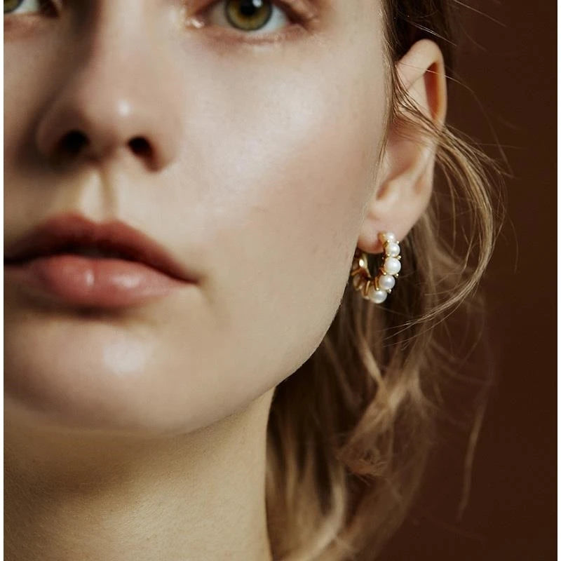 Brass With 18K Gold  Faux Pearl Hoop Earrings Women Jewelry Party T Show Gown Punk Gothic Top Runway Korean Japan