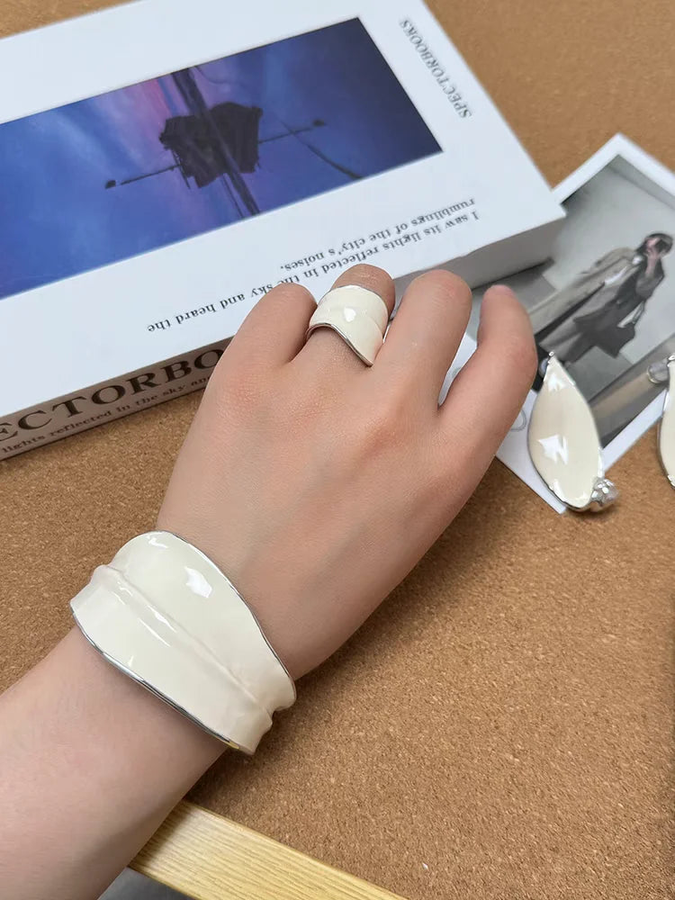 Brass With White Gold Chunky White Enamel Bangle Women Jewelry Designer T Show Runway Gown Rare INS Japan Korean Trendy