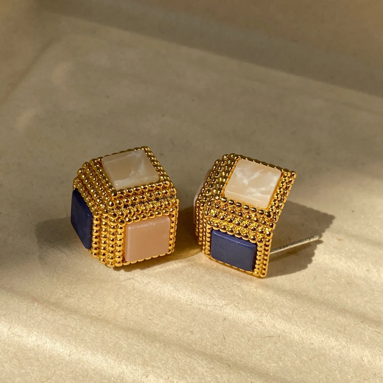 Brass Vintage Geo Colorful Square Earrings Women Jewelry Party Boho T Show Gown Runway Rare Korean Japan Trendy
