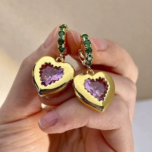 Brass Green Stone Pink Heart Earrings Women Jewelry Punk Party T Show Gown Runway Korean Japan INS
