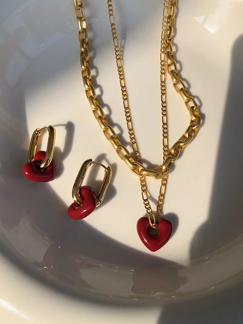 Brass Plated 18K Gold Geo Chained Heart Necklaces Women  Jewelry Punk Party T Show Designer Club Ins Rare Japan Korean Trendy